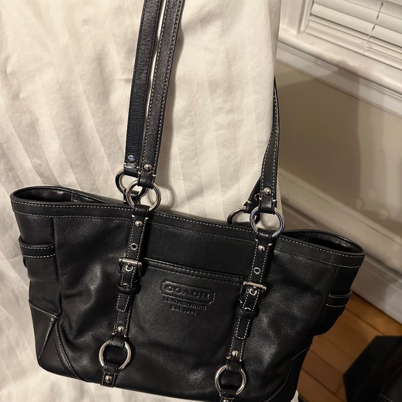 Coach small black leather east west tote with silver tone hardware - Picture 1 of 5